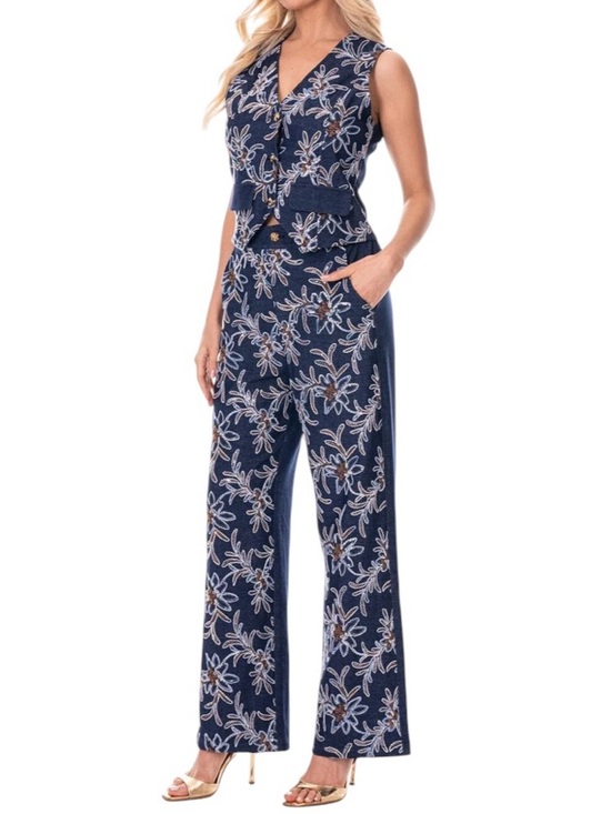 Galita Pants - Embroidered & Embellished Sleeveless Vest & Elastic Waist Stretch Denim Pant SET